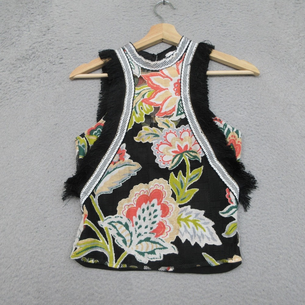 Alice‎ McCALL Floral Fringe Shirt Womens 0 Black Mesh Cropped Sleeveless Top